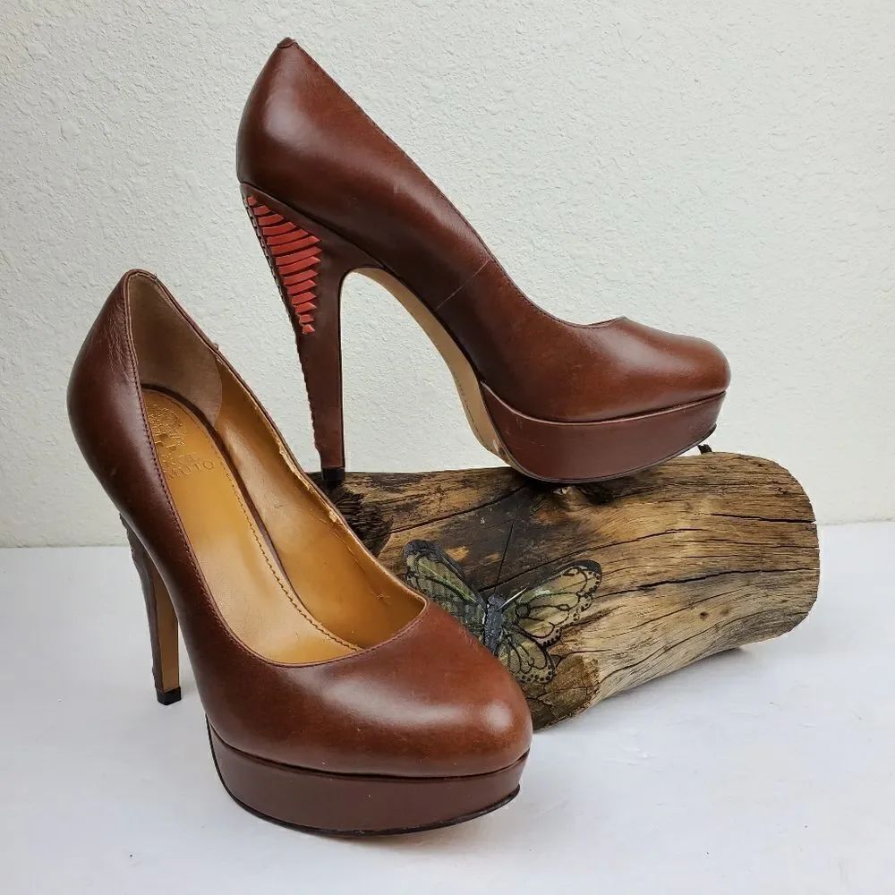 Vince camuto tan platform pumps woven heel